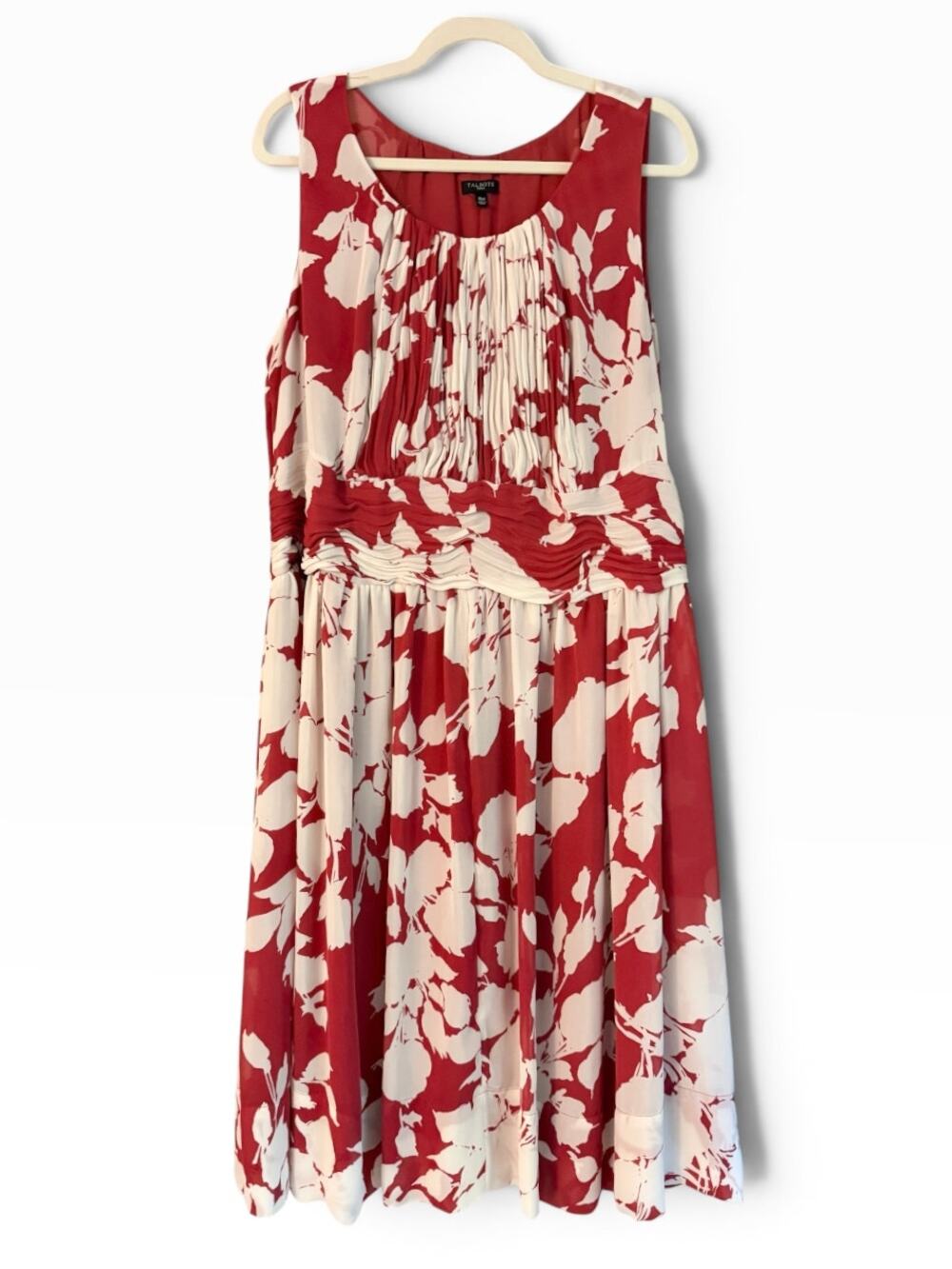 Talbots 16W Red White Floral Pleated Sleeveless Midi Dress Ruched Waist Plus